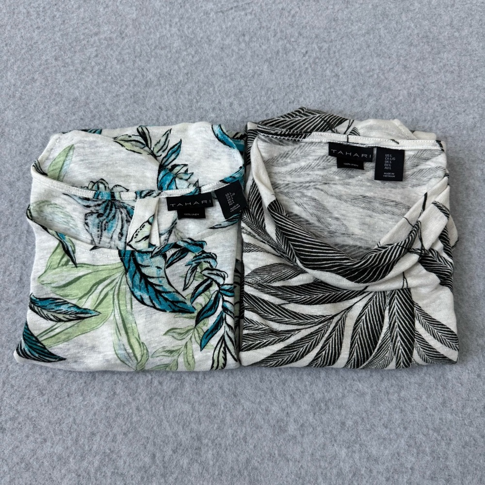 Lot of 2 Tahari Linen Tops Womens Large Floral Blue Green Black White Tropical